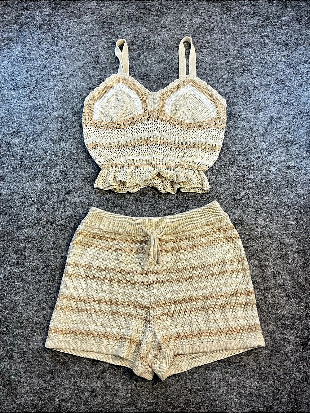 MADDEN NYC Striped Crochet Knit Cami and Shorts Set Cream & Brown Size L